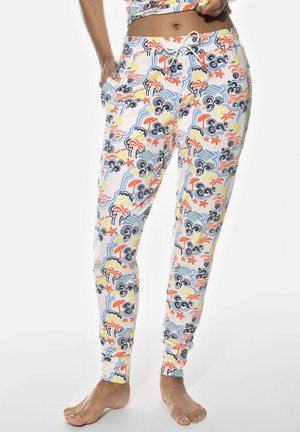 Bunte gemusterte Jogginghosen zeigen eine Mischung aus Blumen, Wellen und Meeres-Elementen in Blau-, Gelb- und Rottönen. Elastischer Bund mit Kordelzug.