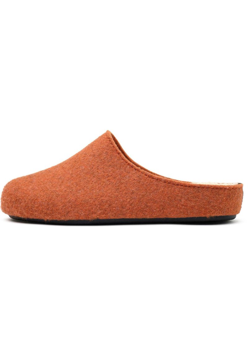 Orange felt slip-on slipper with a rounded toe and a black rubber sole. Smooth texture, no embellishments, designed for comfort and indoor use.