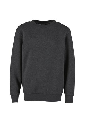 Sweatshirt gris foncé à col rond avec manches longues et poignets et ourlet côtelés, présenté sur un fond blanc.