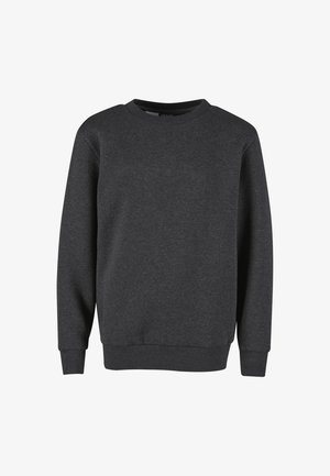 Sweatshirt gris foncé à col rond avec manches longues et poignets et ourlet côtelés, présenté sur un fond blanc.