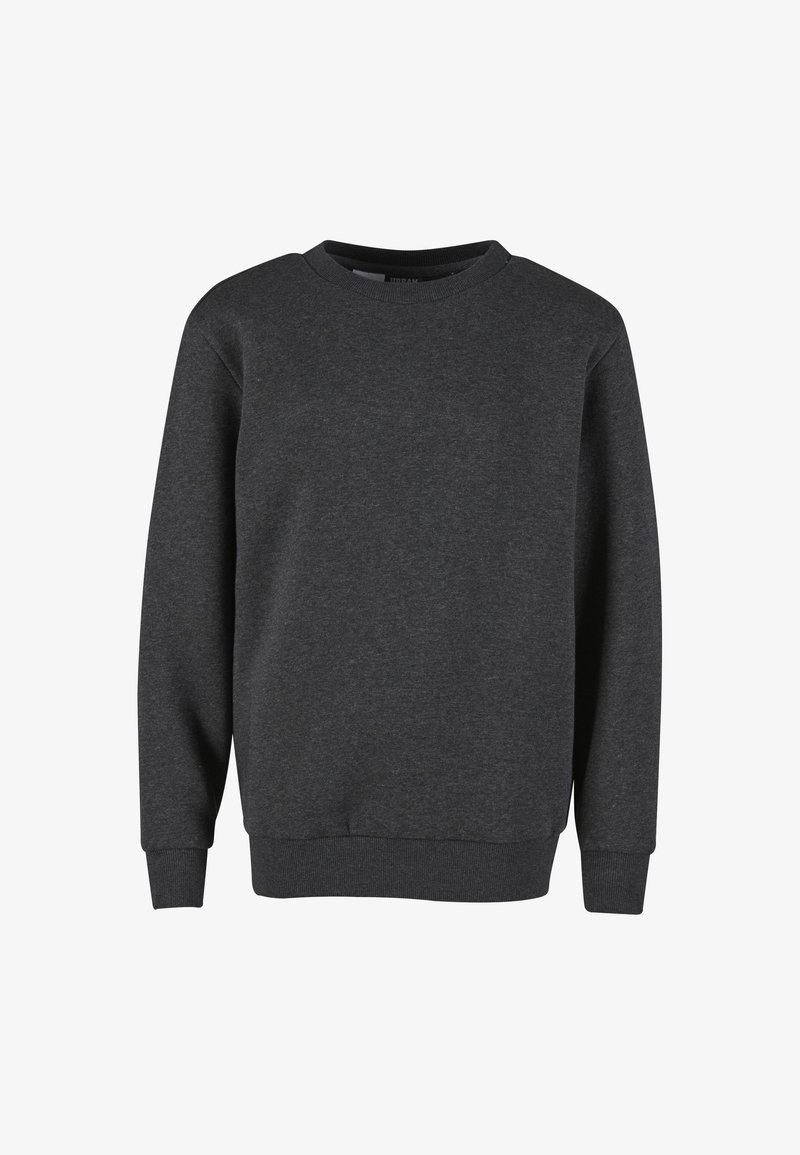 Sweatshirt gris foncé à col rond avec manches longues et poignets et ourlet côtelés, présenté sur un fond blanc.