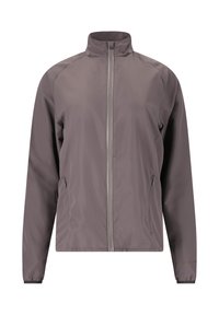 Lettet, lynlåsjakke i dæmpet grå stof. Har ståkrave, elastiske manchetter og sidelommer. Glat tekstur, minimalistisk design.