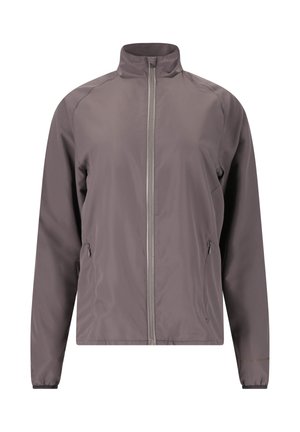 Leichtgewichtige, reißverschlussfreie Jacke aus grauem Stoff. Mit Stehkragen, elastischen Bündchen und seitlichen Taschen. Glatte Textur, minimalistisches Design.