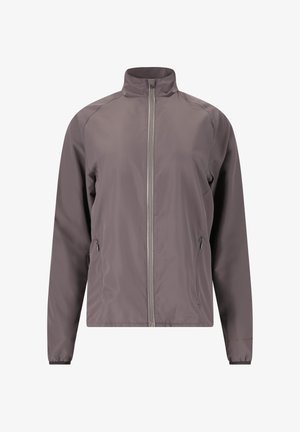 Lightweight, zip-up jacket in muted gray fabric. Features a stand collar, elastic cuffs, and side pockets. Smooth texture, minimalistic design.