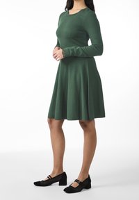 Robe verte à manches longues avec une jupe évasée. Les poignets présentent un détail en dentelle. Associée à des chaussures à talons carrés noires avec des brides.