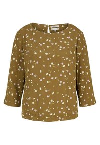Olivgrüne Bluse mit Dreiviertelärmeln, rundem Ausschnitt und einem Schlüsselaugen-Detail am Rücken, mit einem floralen Muster in Pink und Weiß.