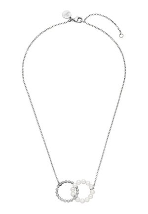 Silver chain necklace with two interlocking circular pendants; one circle made of silver beads, the other of white pearls, adjustable clasp.