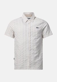 Chemise à manches courtes beige et blanche à rayures verticales, avec col et poche poitrine sur fond uni.