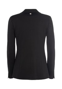 Blazer nero su misura, con colletto a rever, maniche lunghe e cuciture sottili. La vista posteriore mostra un design aderente con dettagli in bottone.