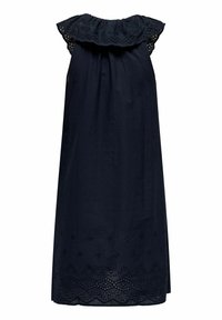 Robe bleu marine en tissu léger, dotée d'un col à volants et de détails brodés le long de l'ourlet. Conception ample.