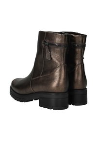 Brown metallic ankle boots with a textured finish, side zippers, and a chunky black heel, offering a rugged yet sleek appearance.