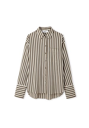 Lange mouwen shirt met verticale strepen in bruin en wit, met een kraag, knopen aan de voorkant en een borstzak. Zachte stoftextuur.