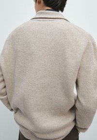 Maglione beige a coste con vestibilità comoda, caratterizzato da un colletto e tessuto strutturato. La parte posteriore presenta una finitura liscia e dettagli sottili.
