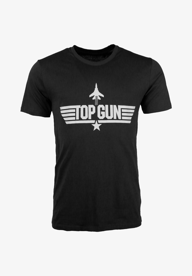 Musta puuvillapaita, jossa on valkoinen grafiikka suihkuhidasta ja teksti "TOP GUN" siipikoristeilla ja tähti alla, pyöreä kaula-auko.