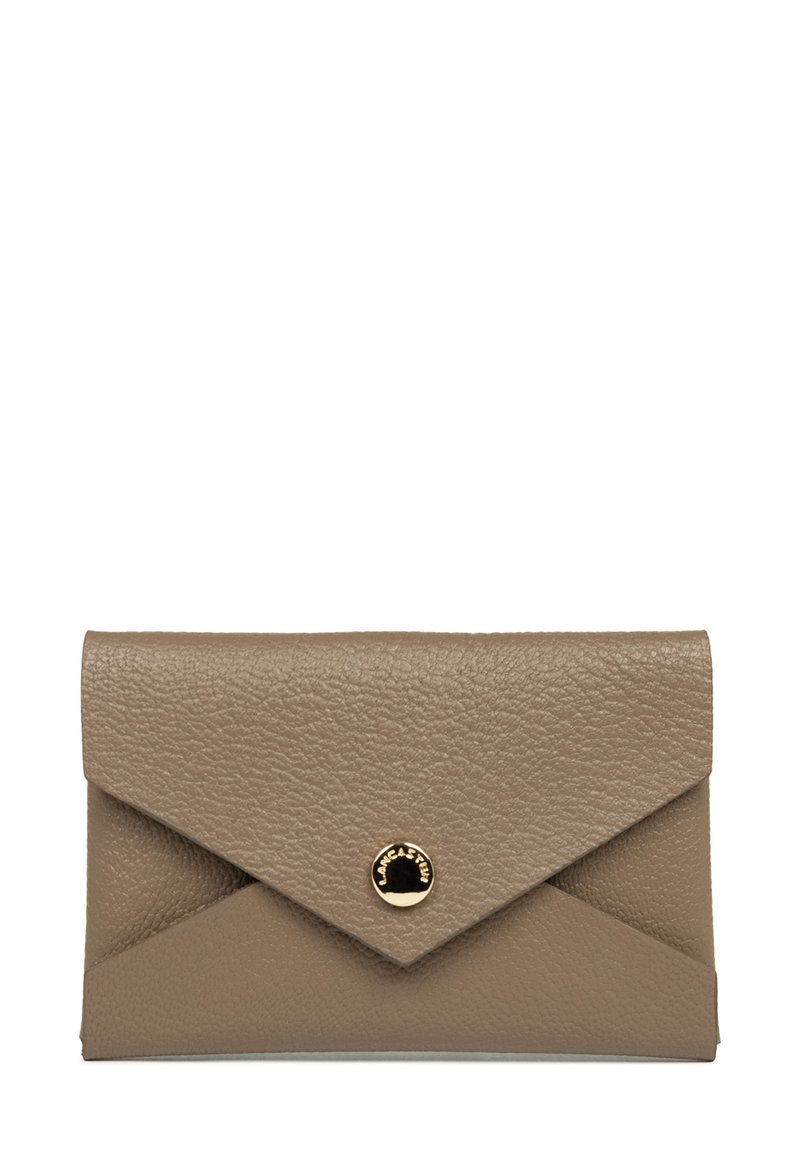 Leather envelope-style wallet in taupe with textured finish. Features a gold-tone logo hardware accent on the front flap closure.