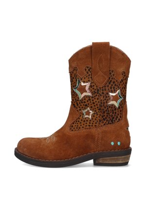 Bottine cowboy en daim marron avec un panneau en imprimé léopard texturé, orné de découpes en forme d'étoile colorées, de couture décorative et d'un petit talon empilé.