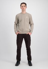 Beige mikina s kulatým výstřihem a žebrovanými manžetami, v kombinaci s tmavými cargo kalhotami s několika kapsami a černými sportovními botami.