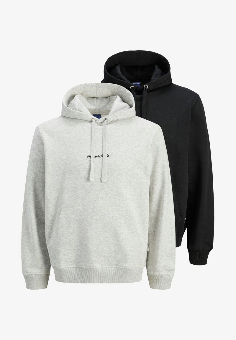 Two hooded sweatshirts: one gray with a front pocket and black accents; one solid black. Both feature drawstrings and ribbed cuffs.