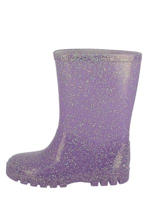 Botte de pluie violette pailletée avec semelle texturée, hauteur mi-mollet, conçue pour être imperméable.