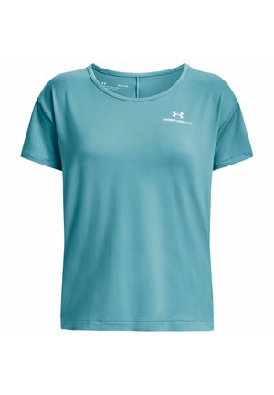 Una maglietta sportiva turchese a maniche corte, realizzata in tessuto liscio, con scollatura rotonda e il logo bianco di Under Armour sulla parte anteriore.