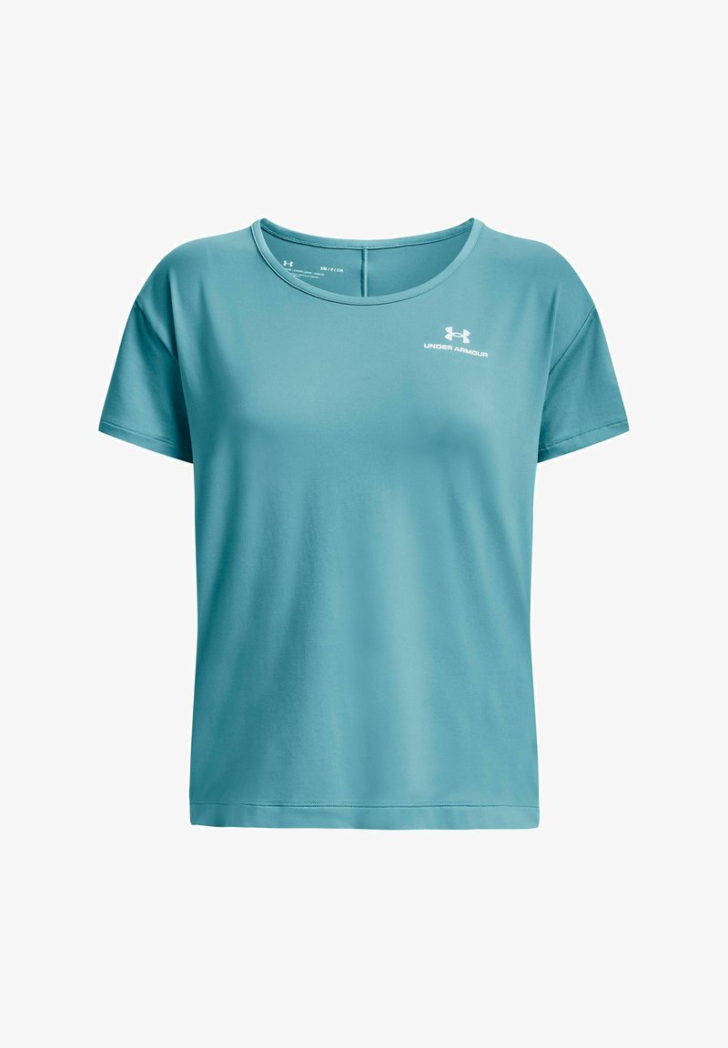 Turkuza krāsas īsām piedurknēm sporta t-krekliņš, izgatavots no gludas auduma ar apaļu kakla izgriezumu un balto Under Armour logotipu uz priekša.