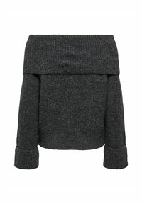 Sweter off-the-shoulder z długim rękawem w ciemnoszarym kolorze. Posiada ryflowaną fakturę, podwinięte mankiety oraz grubą, zakładaną kołnierz.