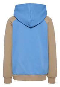 Hoodie met een blauwe romp en beige mouwen. Zachte textuur, ribgebreide boorden en zoom. Heeft een ruime capuchon. Eenvoudig ontwerp.