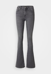 Jeans acampanados en denim gris oscuro, con cierre de botones, diseño de cinco bolsillos y una textura suave con costuras distintivas a lo largo de las costuras.
