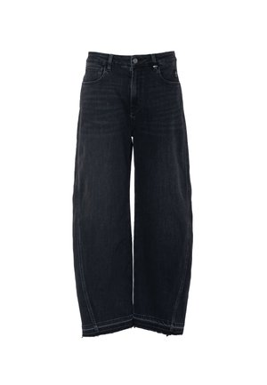 Zwarte denim jeans met wijde pijpen, een ruwe zoom, vijf zakken en een knoopsluiting. De stof heeft een lichte wassing en zichtbare stiksels.