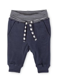 Marineblaue Baby-Sweatpants mit gestreiftem, elastischem Bund und Kordelzug, seitlichen Taschen und gerippten Bündchen.