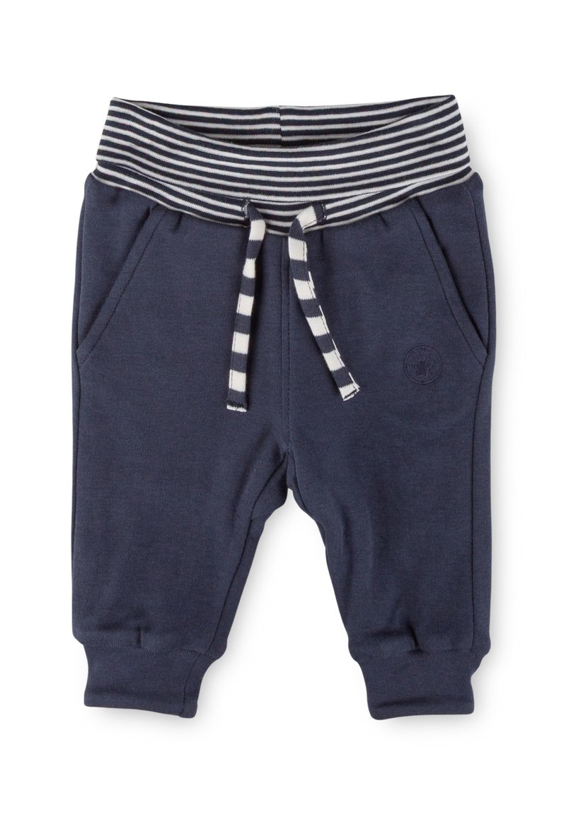 Marineblaue Baby-Sweatpants mit gestreiftem, elastischem Bund und Kordelzug, seitlichen Taschen und gerippten Bündchen.