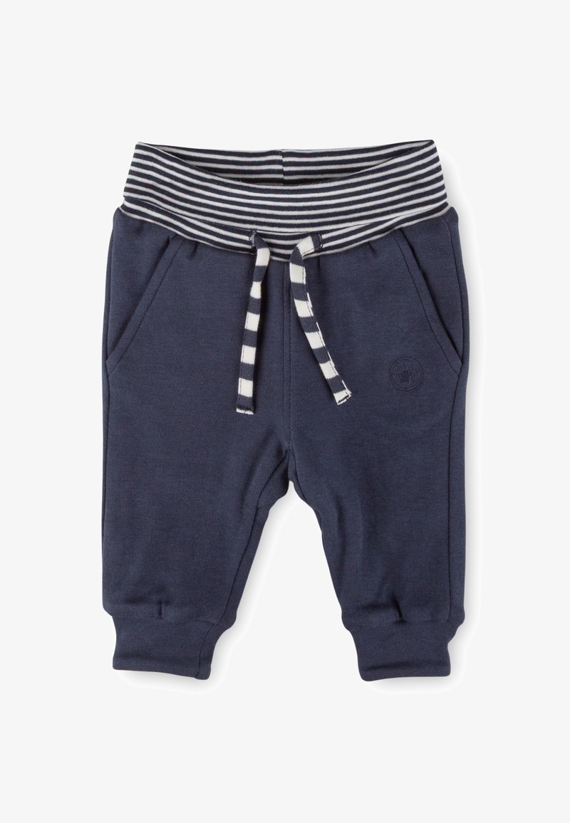 Marineblaue Baby-Sweatpants mit gestreiftem, elastischem Bund und Kordelzug, seitlichen Taschen und gerippten Bündchen.