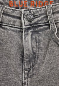 Pelēkas denim bikses ar pogu aizdari un izteiktu teksturētu audumu. Jostasvieta ir rotāta ar boldām oranžām burtiem, kas veido vārdu "BLUE RIDGE".