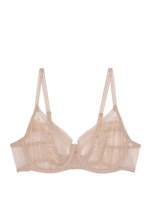 Bralette in pizzo color nudo, caratterizzato da tulle trasparente, supporto con ferretto e spalline regolabili con bordature decorative e dettaglio a fiocco centrale.