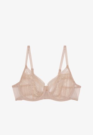 Bralette in pizzo color nudo, caratterizzato da tulle trasparente, supporto con ferretto e spalline regolabili con bordature decorative e dettaglio a fiocco centrale.