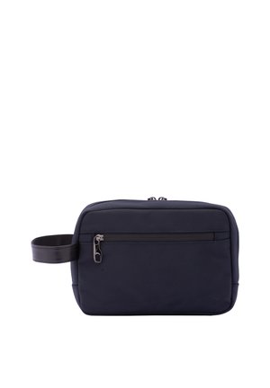 Federa da toilette in tessuto blu navy, di forma rettangolare, con una tasca principale con zip e una tasca frontale. Presenta una superficie testurizzata e un manico.