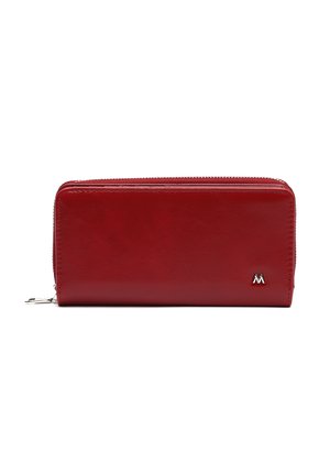 Red leather zip-around wallet with silver zipper pull and small silver "M" logo on front, set against a white background.