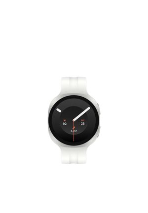 Silver smartwatch with white strap showing time 2:10, date Saturday 28, heart rate 92, and step count 3457 on black circular face.