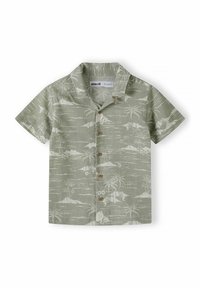 Camicetta verde a maniche corte in tessuto leggero, con stampa tropicale bianca, bottoni in legno e un design del colletto rilassato.