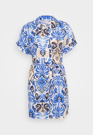 Lyhythihainen mekko sinisessä kukkakuosissa, jossa on beigejä ja mustia yksityiskohtia. Valmistettu kevyestä kankaasta, jossa on nappisulku ja vyö.