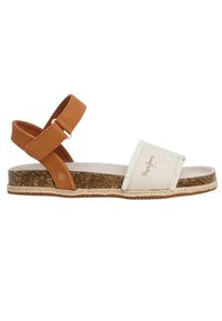 Sandal in pelle marrone con cinturino alla caviglia regolabile, parte superiore in tela bianca, suola in sughero e dettagli in juta lungo il bordo.