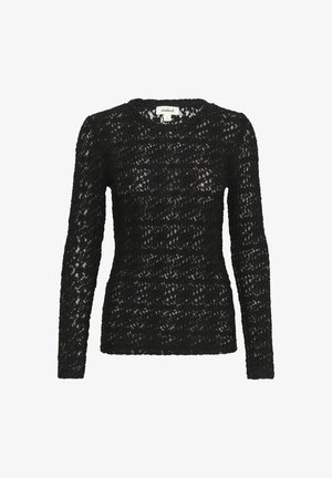 Fekete, hosszú ujjas pulóver, amely textúrált csipke anyagból készült. Kerek nyakkivágással rendelkezik, és bonyolult minták díszítik az anyagot.