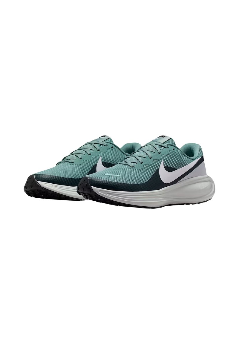 Baskets de course Nike en maille teal avec des accents foncés. Dotées d'une semelle blanche arrondie et d'un logo blanc bien visible. Semelle extérieure noire texturée pour l'adhérence.