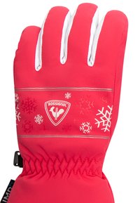 Guante de esquí rojo con acentos blancos, con patrones de copos de nieve, logo de Rossignol y puño elástico para un ajuste ceñido. Tejido suave y duradero.