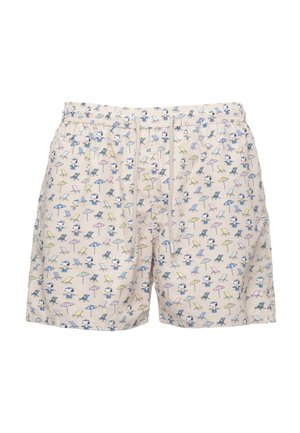 Pantaloncini beige chiaro con motivo di cartoni animati di Snoopy che si rilassano su sedie da spiaggia sotto ombrelloni colorati. Vita con coulisse.