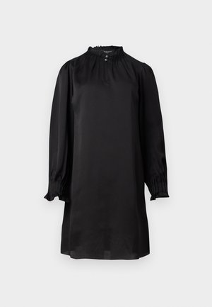 Black silk dress with long, puffed sleeves, featuring a high neckline and subtle gathering detail with button closure. Smooth texture, knee-length.