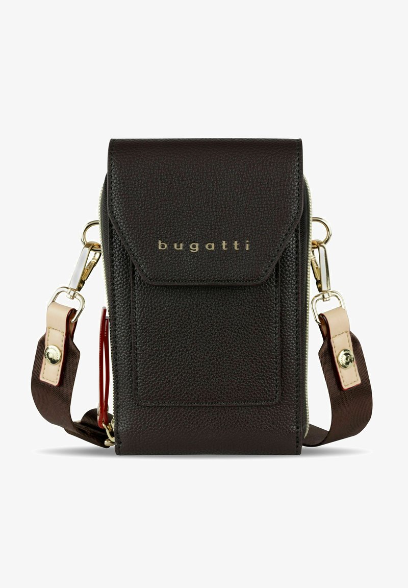 Borsa a tracolla in pelle marrone scuro con finitura texturizzata, logo dorato, chiusura con zip e tracolla regolabile con accenti beige.