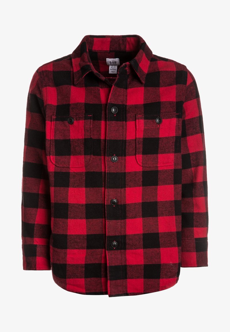 Chemise en flanelle à carreaux rouges et noirs avec col, manches longues, deux poches poitrine à boutons et fermeture frontale à boutons. Texture douce.