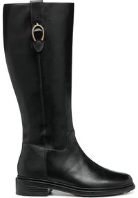 Botas de cuero negro hasta la rodilla con una textura suave, puntera redonda, tacón bajo y un accesorio decorativo de hebilla cerca de la parte superior.