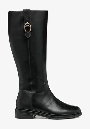 Knee-high black leather boots with a smooth texture, round toe, slight heel, and a decorative buckle accent near the top.